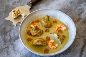 Artichoke heart confit with prawns and white truffle